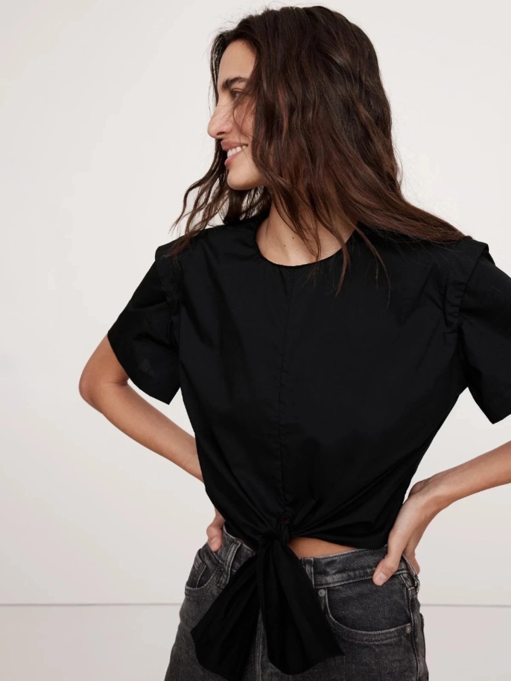 BANANA REPUBLIC BLACK COTTON POPLIN TIE-FRONT TOP MEDIUM